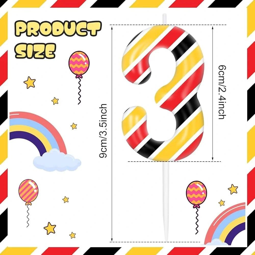 Striped Number 3 Birthday Party Candle Cake Topper - Red, Yellow, and Black
